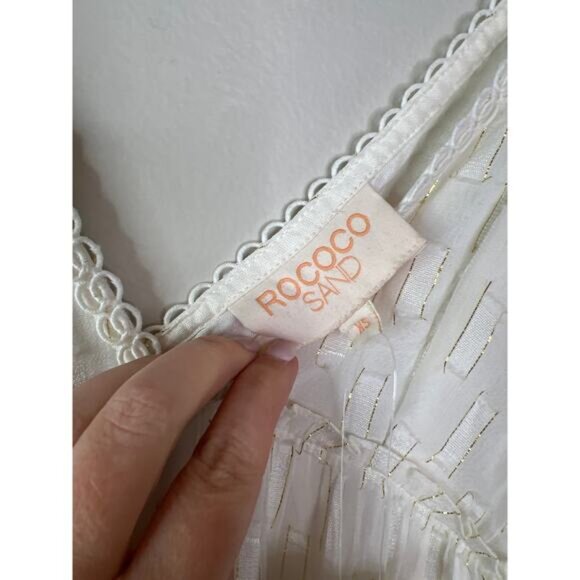 Rococo Sand Fil Coupe Tiered Eyelets Metallic Lace Mini Dress White Size: XS - Picture 6 of 9